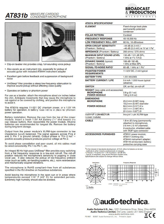 audio technica / at831b 핀마이크--8