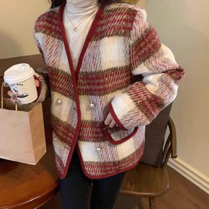 체크트위드가디건코트