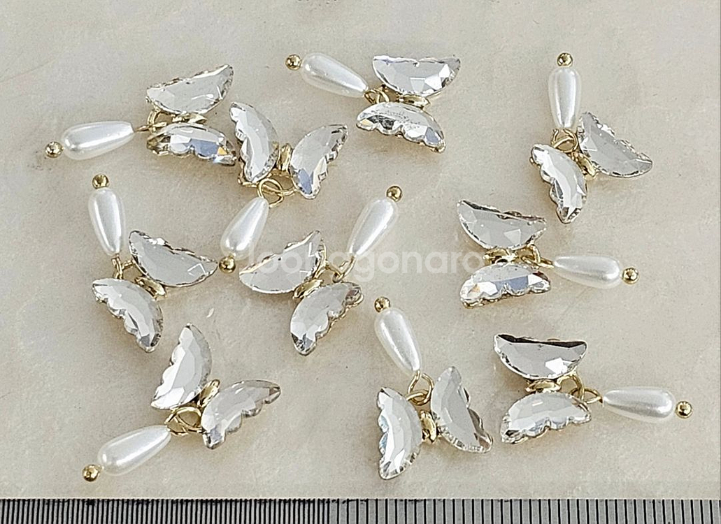 금속 미니나비 진주달랑이 투명 10개 일괄--0