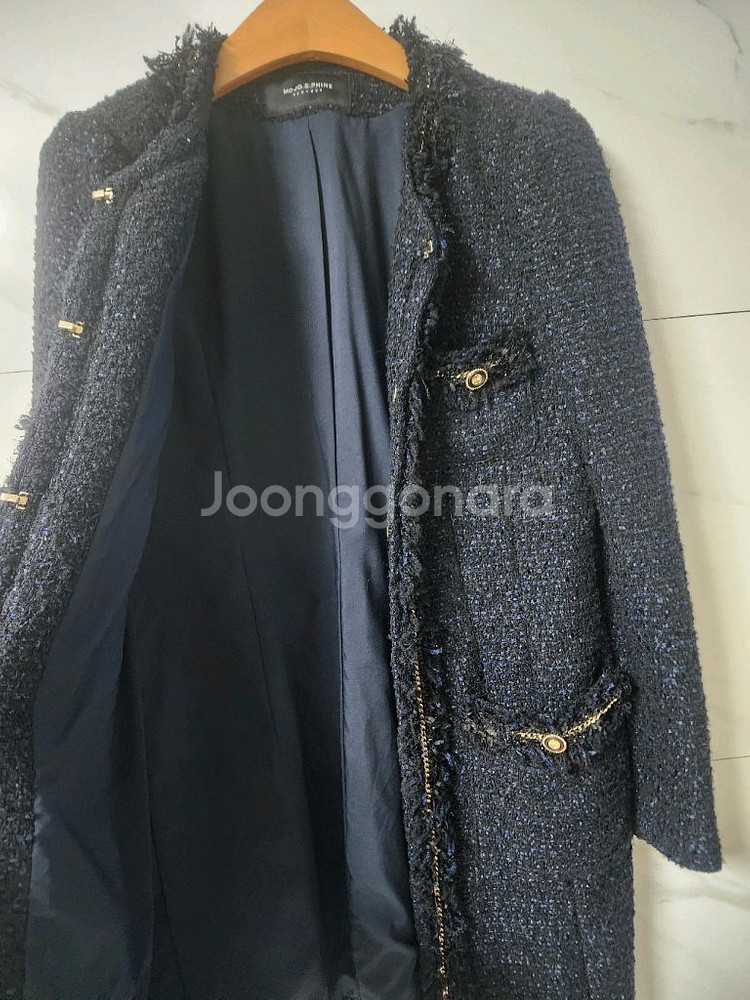 모조에스핀 트위드 롱 자켓 블루블랙--2