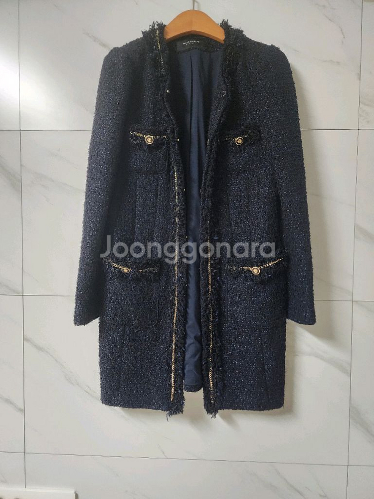 모조에스핀 트위드 롱 자켓 블루블랙--0