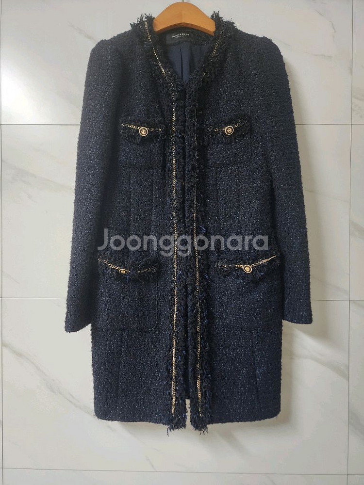 모조에스핀 트위드 롱 자켓 블루블랙--5