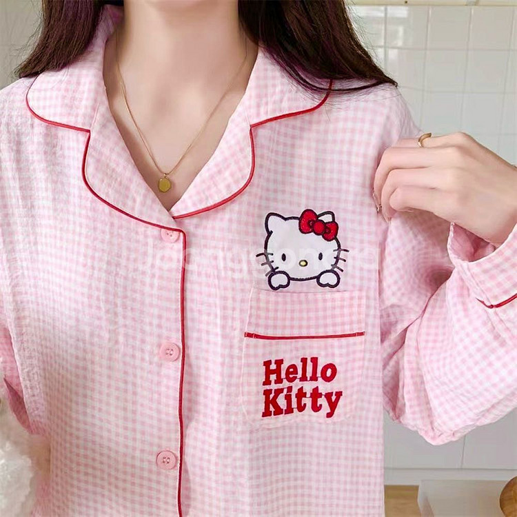 헬로 키티 체크 긴팔 잠옷 파자마 세트--3