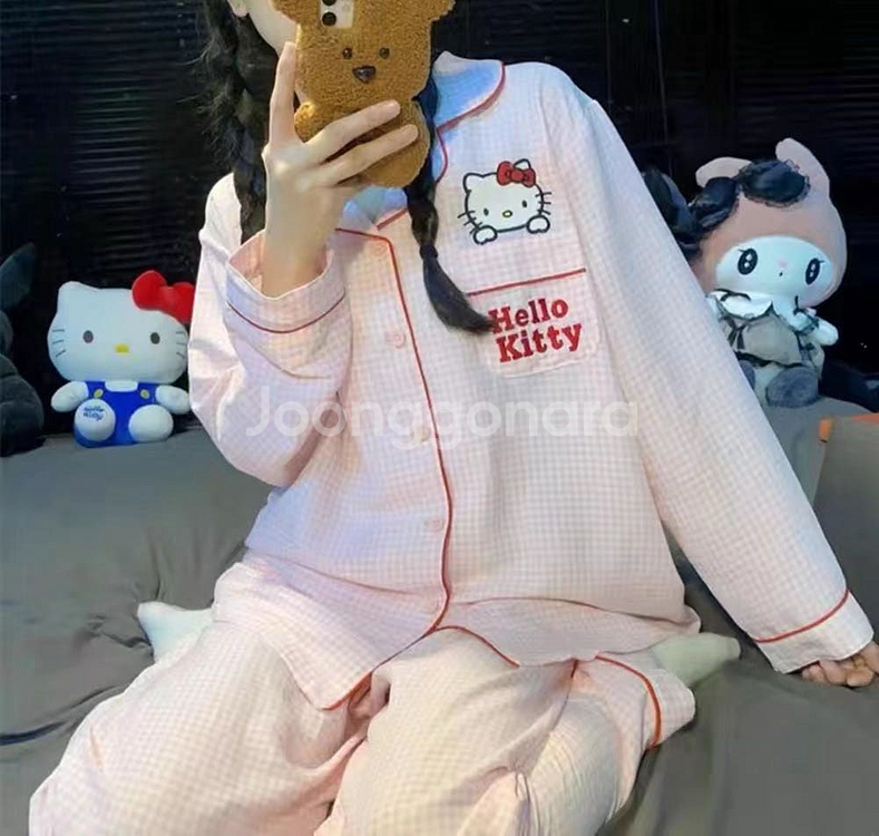 헬로 키티 체크 긴팔 잠옷 파자마 세트--2