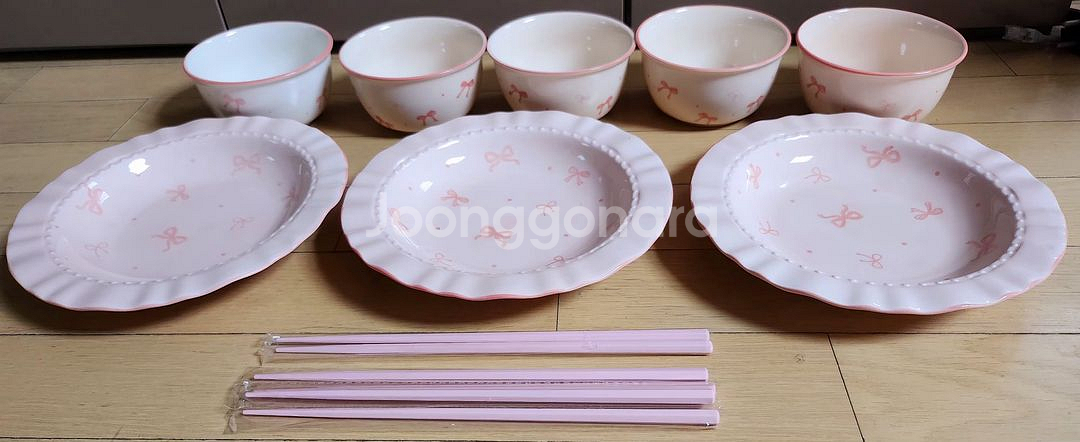 딸기우유빛 리본그림 도자기 그릇세트 11p~ 새제품--0