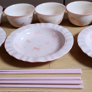 딸기우유빛 리본그림 도자기 그릇세트 11p~ 새제품