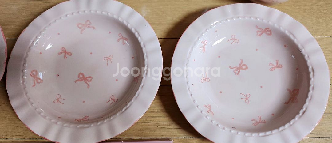 딸기우유빛 리본그림 도자기 그릇세트 11p~ 새제품--1