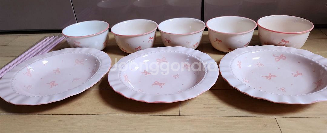 딸기우유빛 리본그림 도자기 그릇세트 11p~ 새제품--4