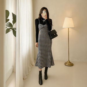 날씬해보이는 머메이드 체크 롱원피스