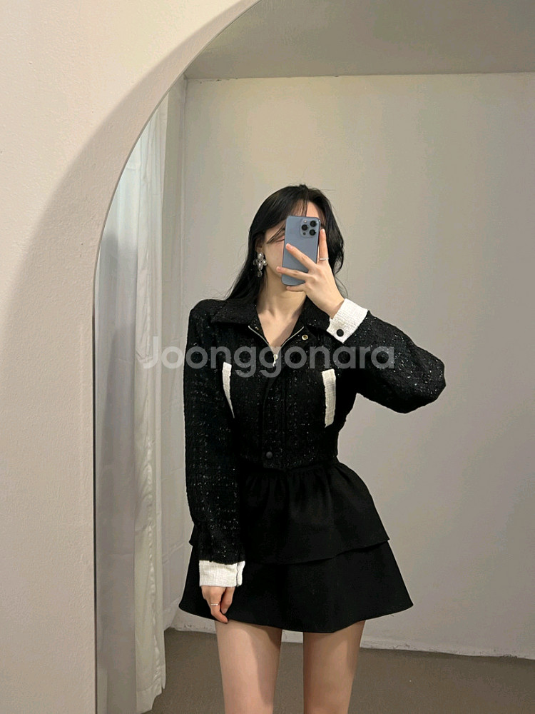 수입 샤샤 펄 트위드 jk 트위드 블루종 배색 자켓--0