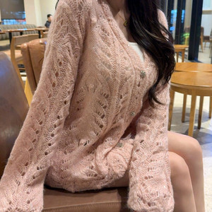 수입 펄 샤이닝 물결 니트 울 하프 가디건