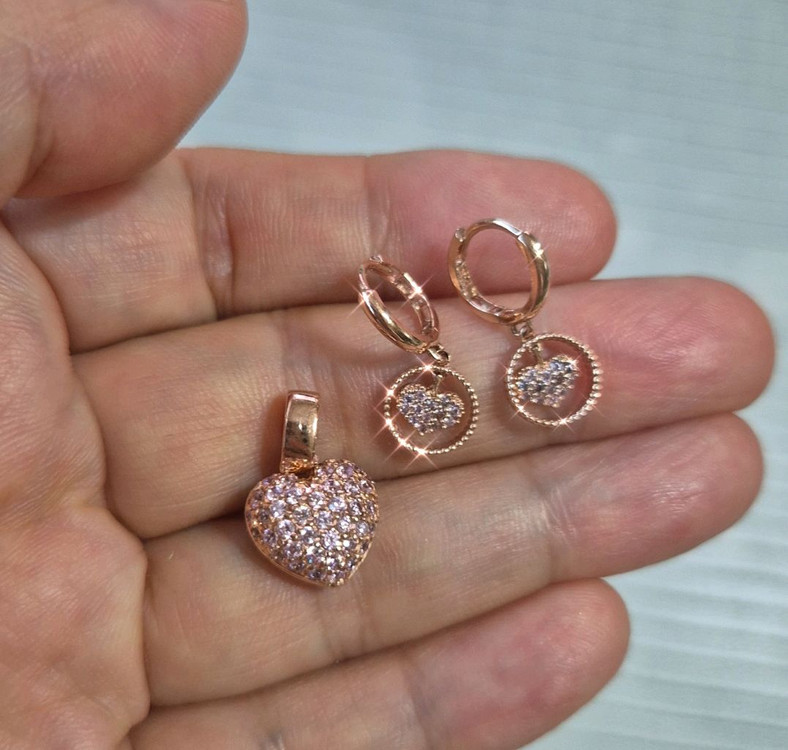 14k 로즈골드 핑크 하트 펜던트 귀걸이 세트 이미지