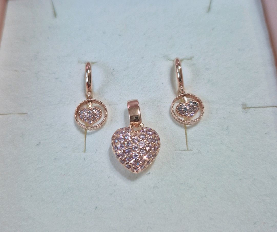 14k 로즈골드 핑크 하트 펜던트 귀걸이 세트 이미지