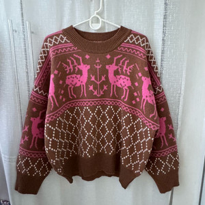 브라운핑크 노르딕 사슴 패턴 브라운 니트 스웨터 거의새