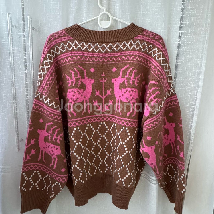 브라운핑크 노르딕 사슴 패턴 브라운 니트 스웨터 거의새--11