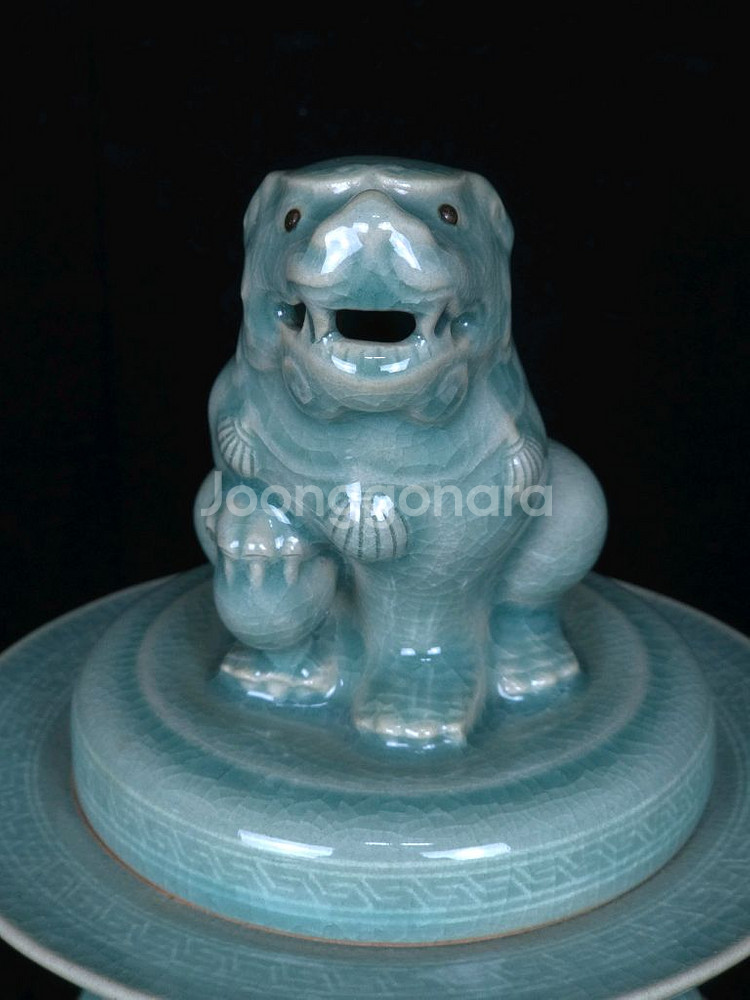 해강 유근형 청자사자향로 도자기--3