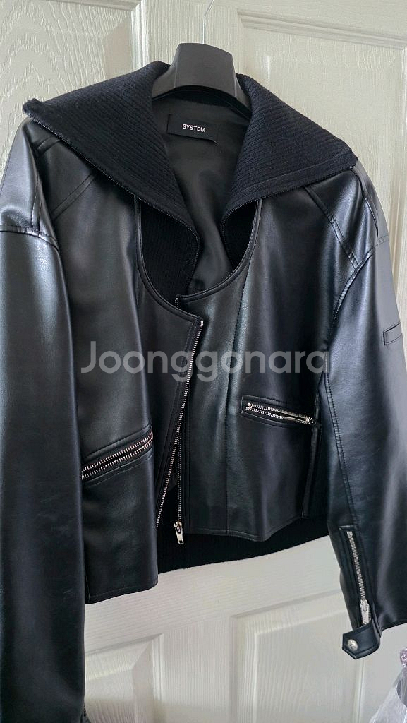시스템 가죽 레더 자켓 니트 레이어드--0