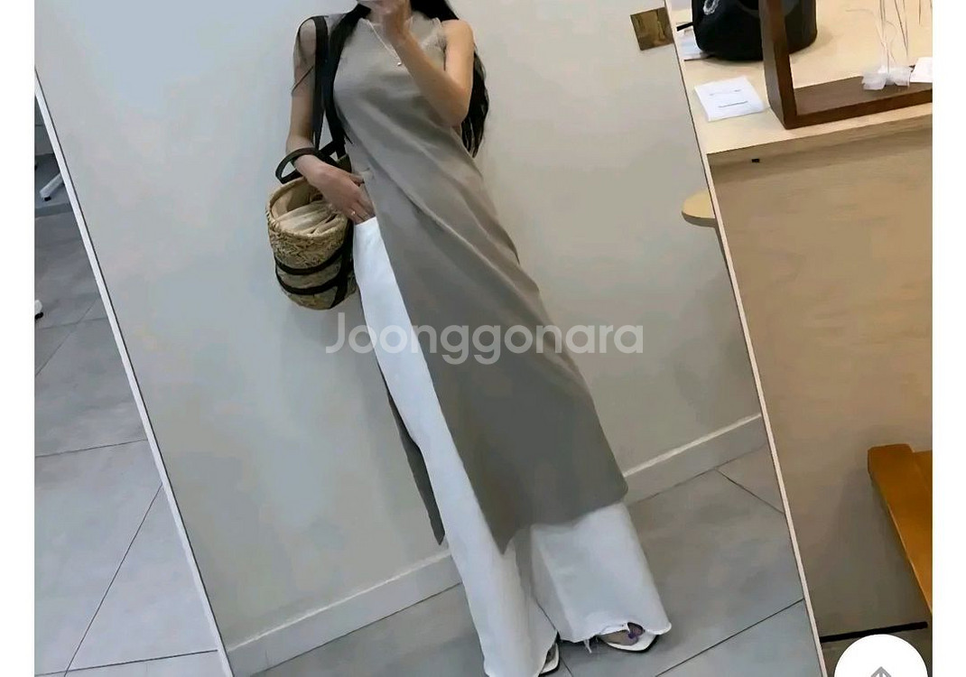 로코핏 와플 나시 레이어드 절개 롱 원피스 - 베이지--0