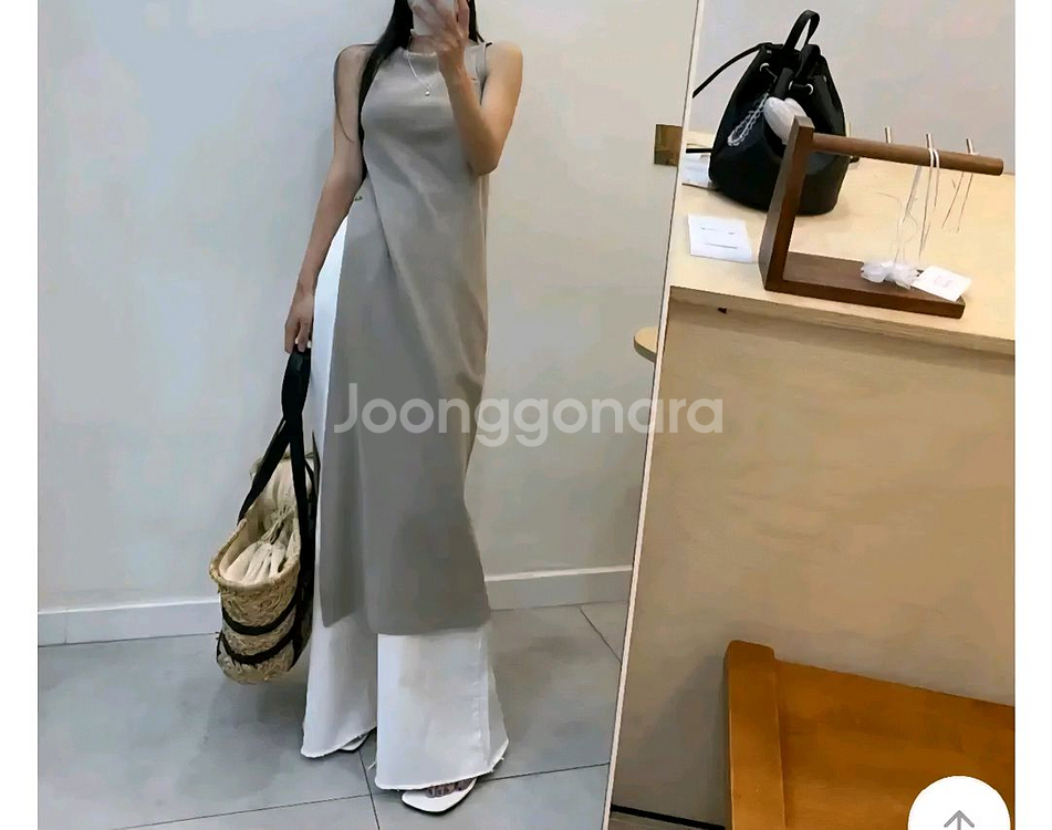 로코핏 와플 나시 레이어드 절개 롱 원피스 - 베이지--1