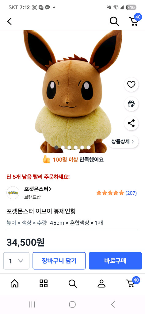 파이리 이브이 꼬부기 대형인형--0