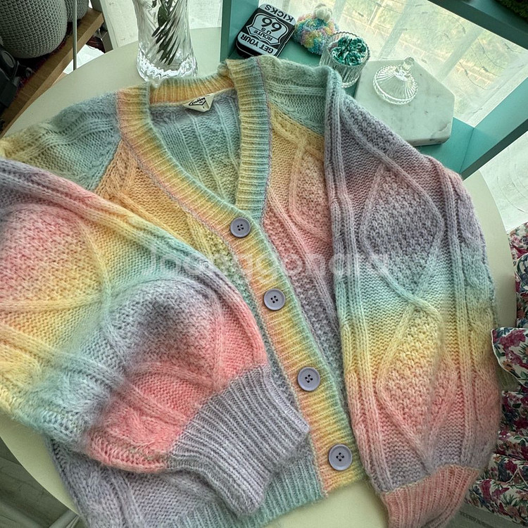 Stangve 파스텔 레인보우 니트 가디건--0