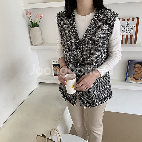 르꼬르망.트위드 베스트 숏 블랙--2