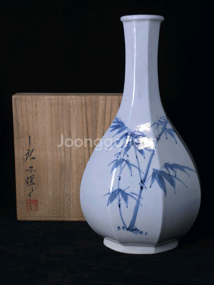 [최상급] 도암 지순탁(지순택) 백자청화죽문각병 도자기--0