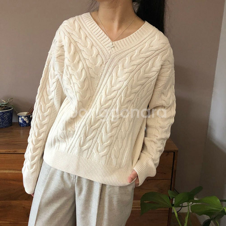 COS 브이넥 케이블 니트 xs--1