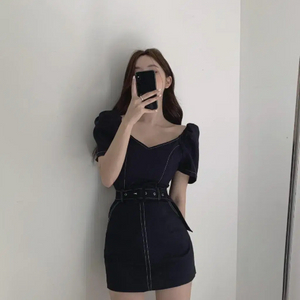 스티치 퍼프 탑 블라우스 네이비 오브제스트