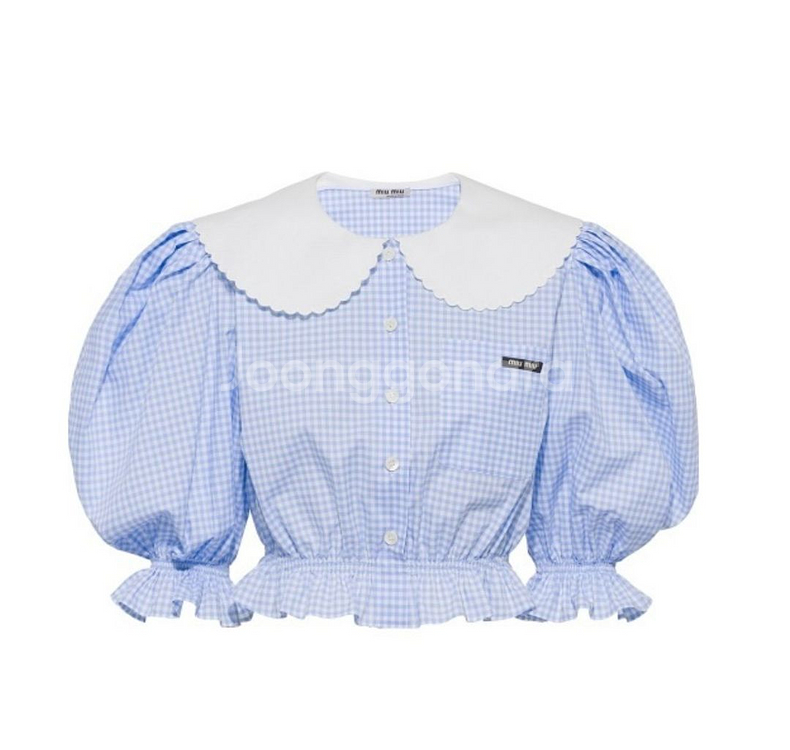 미우미우 깅엄 체크 블라우스 스카이 블루--0