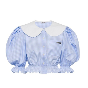 미우미우 깅엄 체크 블라우스 스카이 블루