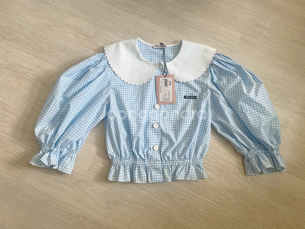 미우미우 깅엄 체크 블라우스 스카이 블루--5