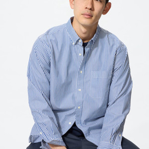 유니클로 브로드클로스셔츠 스트라이프 블루 L 사이즈