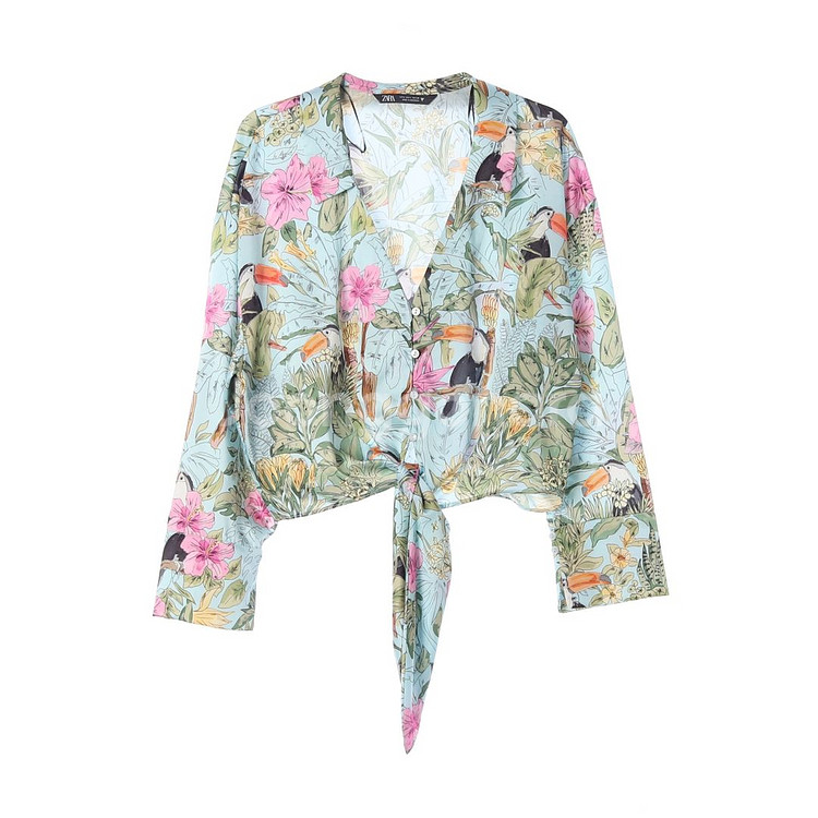 [L]자라 핑크 트로피컬 패턴 리본 타이 매듭 셔츠 블--0