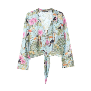 [L]자라 핑크 트로피컬 패턴 리본 타이 매듭 셔츠 블