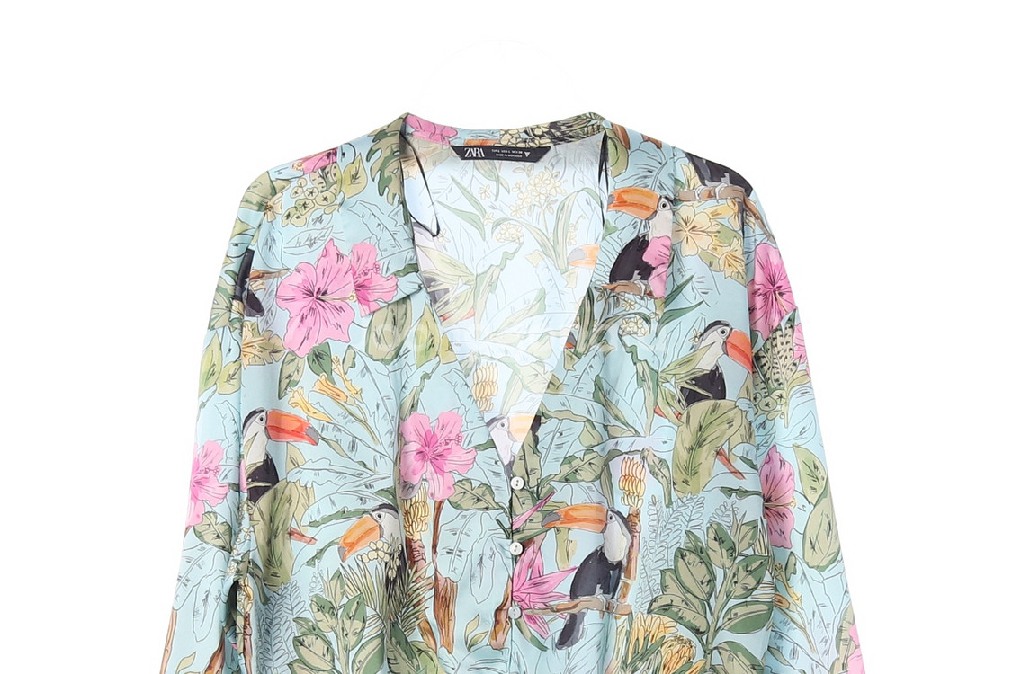 [L]자라 핑크 트로피컬 패턴 리본 타이 매듭 셔츠 블--1