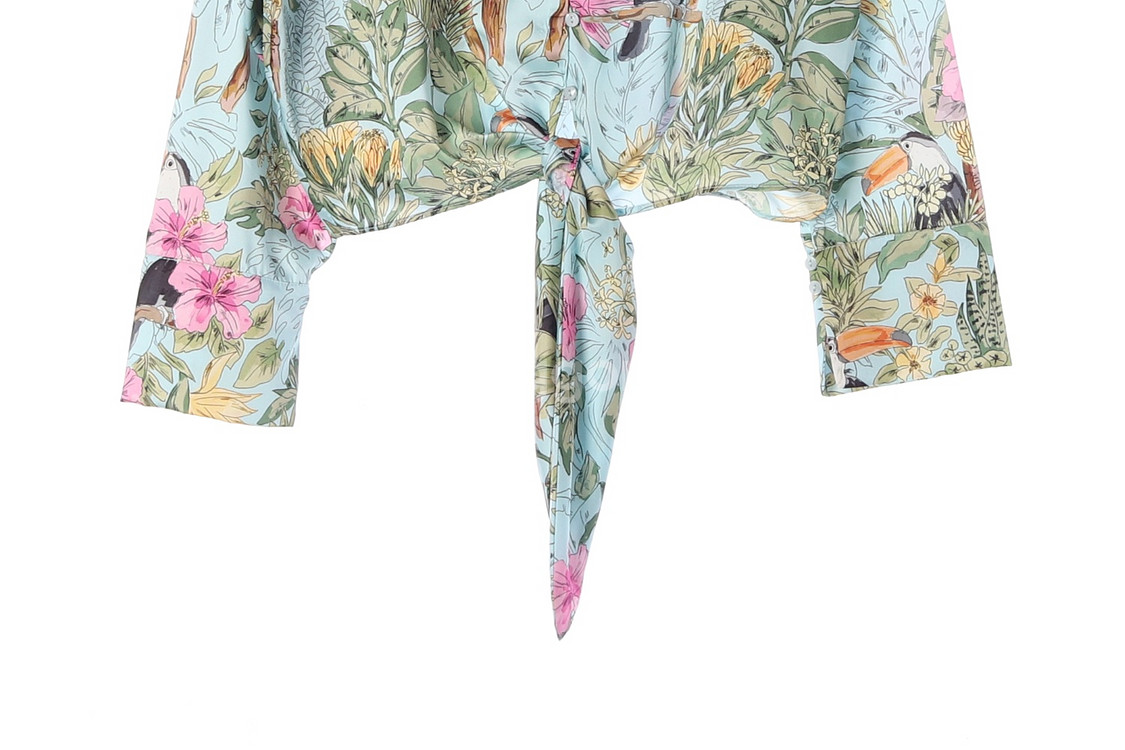 [L]자라 핑크 트로피컬 패턴 리본 타이 매듭 셔츠 블--2