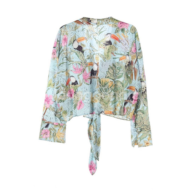 [L]자라 핑크 트로피컬 패턴 리본 타이 매듭 셔츠 블--3