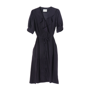 [M]보카바카 네이비 도트 패턴 러플 반팔 롱 원피스