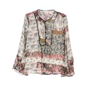 [S]자라 베이지 페이즐리 플로럴 패턴 긴팔 블라우스