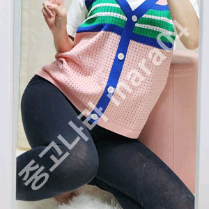 할) 니트 배색 가디건 반팔 Free (착샷O)