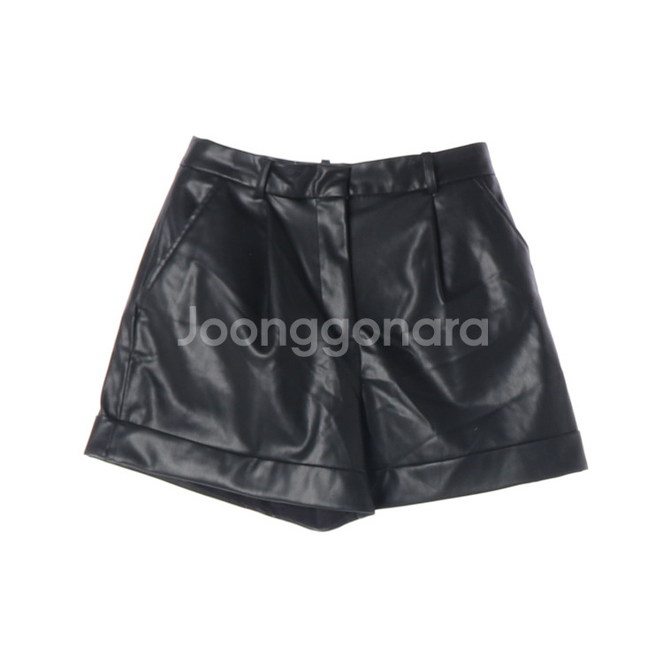 [S]자라 블랙 레더 가죽 핀턱 롤업 쇼츠 반바지--0