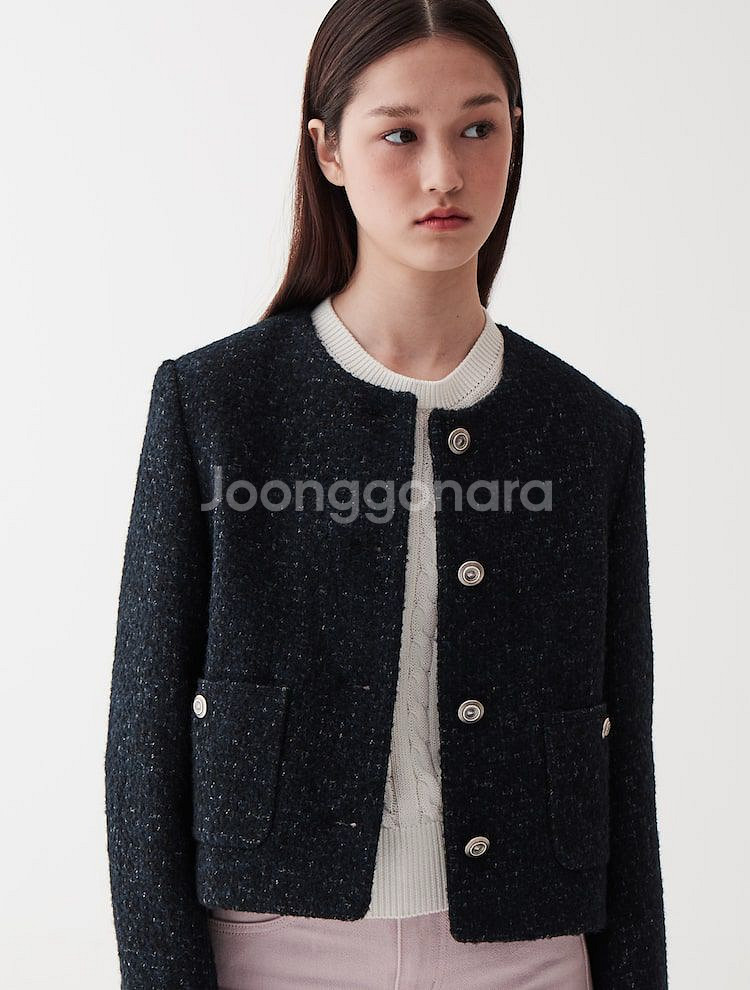 23년 구호플러스 울 부클 트위드자켓 싱글버튼네이비크롭--0