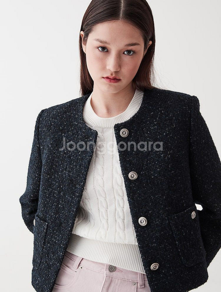 23년 구호플러스 울 부클 트위드자켓 싱글버튼네이비크롭--1