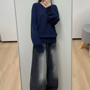 폴로 랄프로렌 버건디 포니 네이비 코튼 브이넥 니트