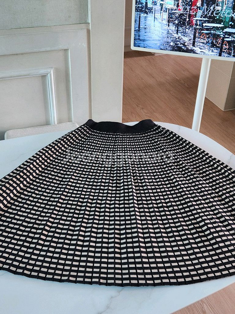 체크 니트 밴딩 플리츠스커트--0