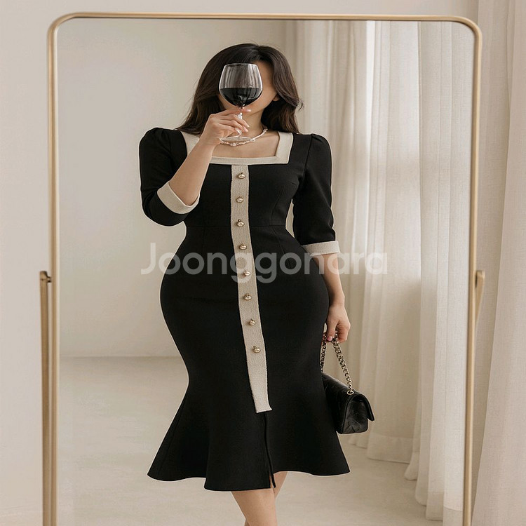 스퀘어넥 트위드 배색 머메이드 롱원피스(S)ㅡ무배--0