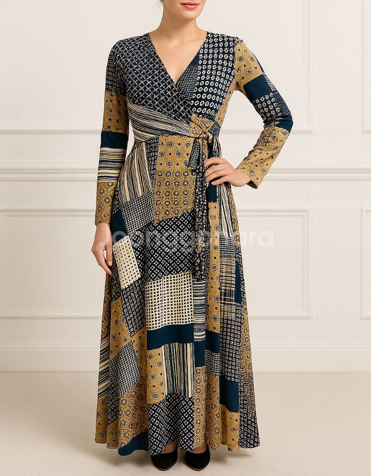 기하학 긴팔 랩스타일 롱원피스--9