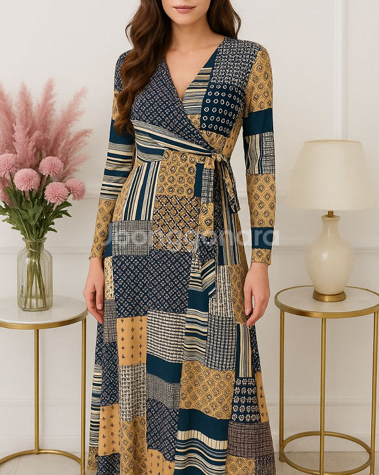 기하학 긴팔 랩스타일 롱원피스--0