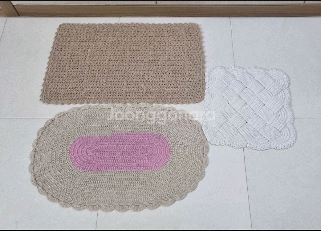 핸드메이드 수제 손뜨개 매트 방석 3개 일괄--0
